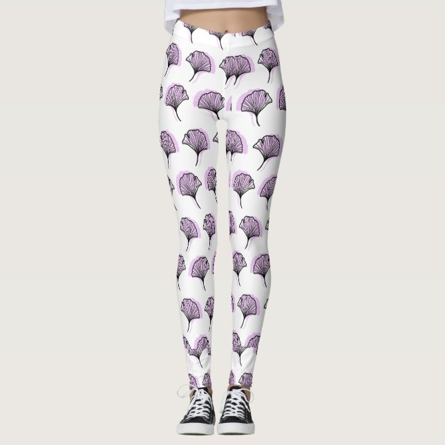 Elegant Lila Hand-Drawn Ginkgo Löv Mönster Leggings (Framsida)