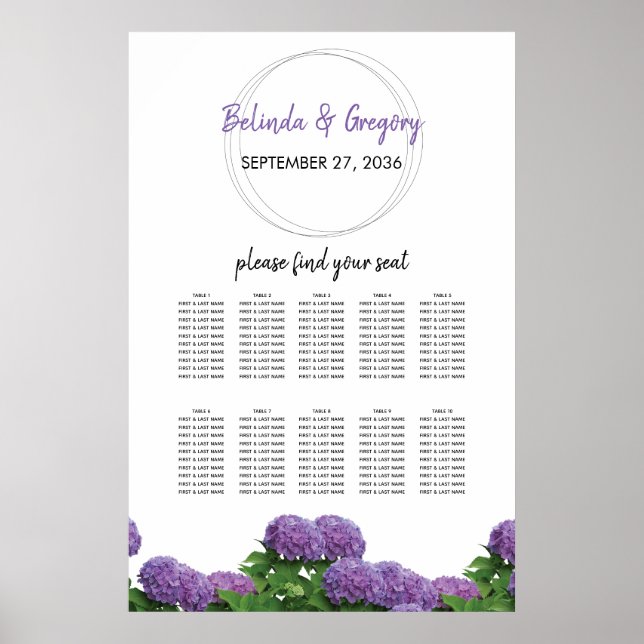 Elegant Lila Hydrangea Bröllop Sittdiagram för  Poster (Framsidan)