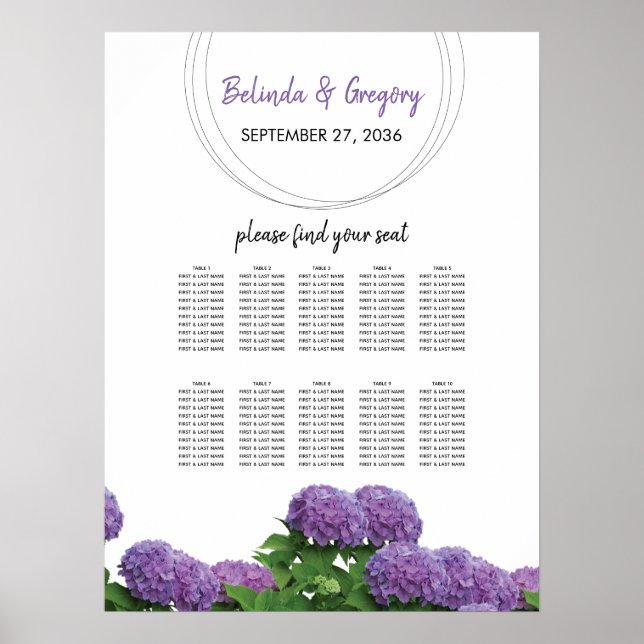 Elegant Lila Hydrangea Bröllop Sittdiagram för  Poster (Framsidan)
