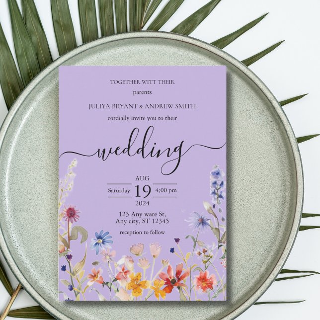 Elegant Lila-inbjudan till bröllop med vilda blomm Inbjudningar (Skapare uppladdad)