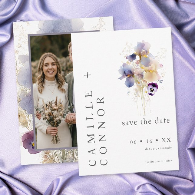 Elegant lila iris akvarell trädgård bröllop  spara datumet (Elegant Purple Iris Watercolor Garden Wedding Photo Save The Date)