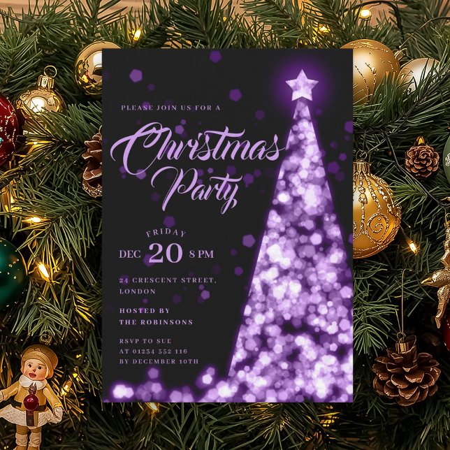 Elegant lila julgran jul firande  inbjudningar (Elegant Purple Winter Christmas Tree Holiday Invitation)