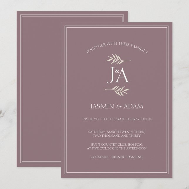 Elegant lila klassisk initialer formell bröllop inbjudningar (Fram/baksida)