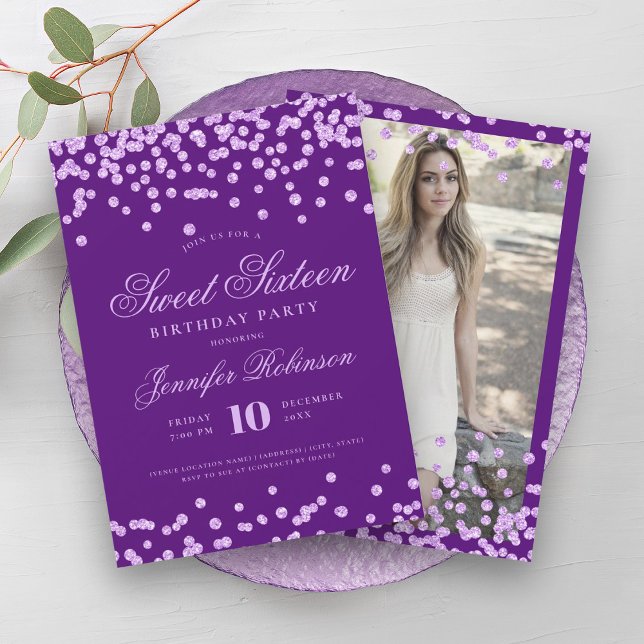 Elegant Lila Konfetti Fotosötat 16 Inbjudningar (Elegant Purple Confetti Photo Sweet 16 Invitation)