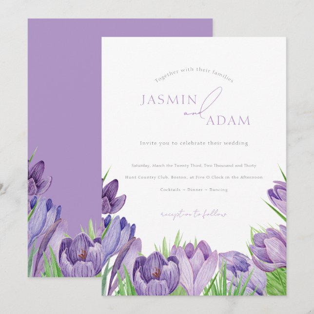Elegant lila krokus vårblomma bröllop inbjudningar (Fram/baksida)