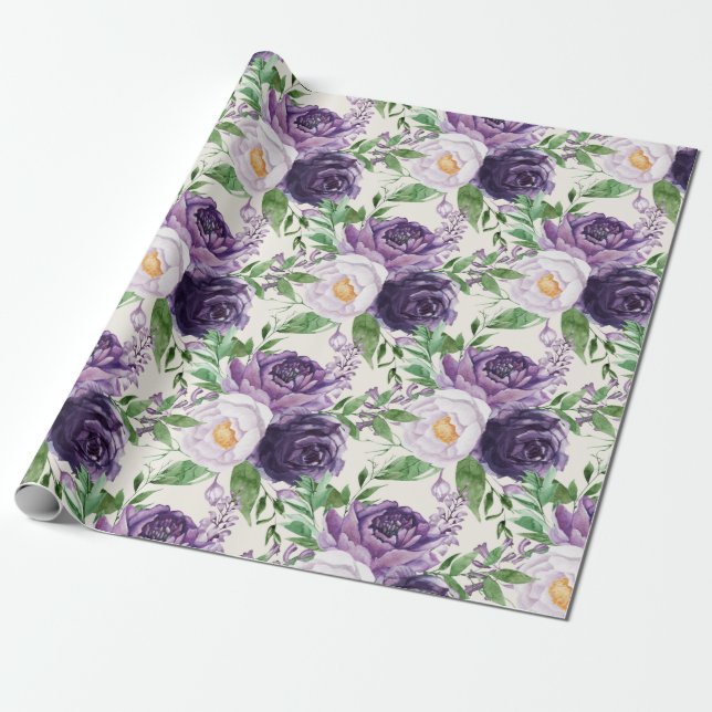 Elegant lila lavendel blomster grönska botanisk presentpapper (Utrullad)