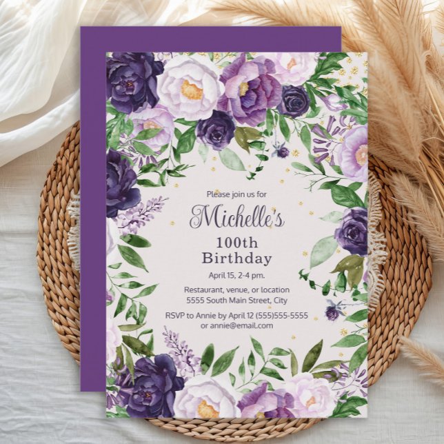 Elegant lila lavendelblomma 100-årsdag inbjudningar (Elegant purple and lavender watercolor floral women's 100th birthday party invitation)