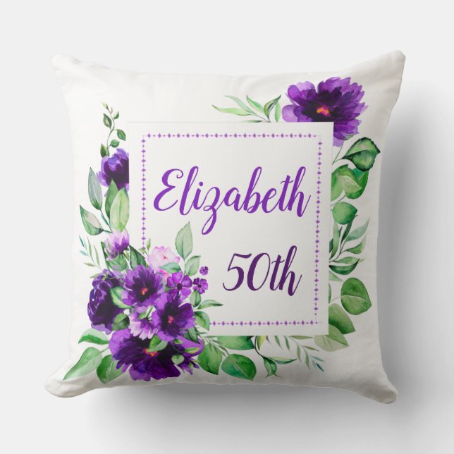 Elegant lila lavendelblomma 50-årsdag kudde (Framsida)