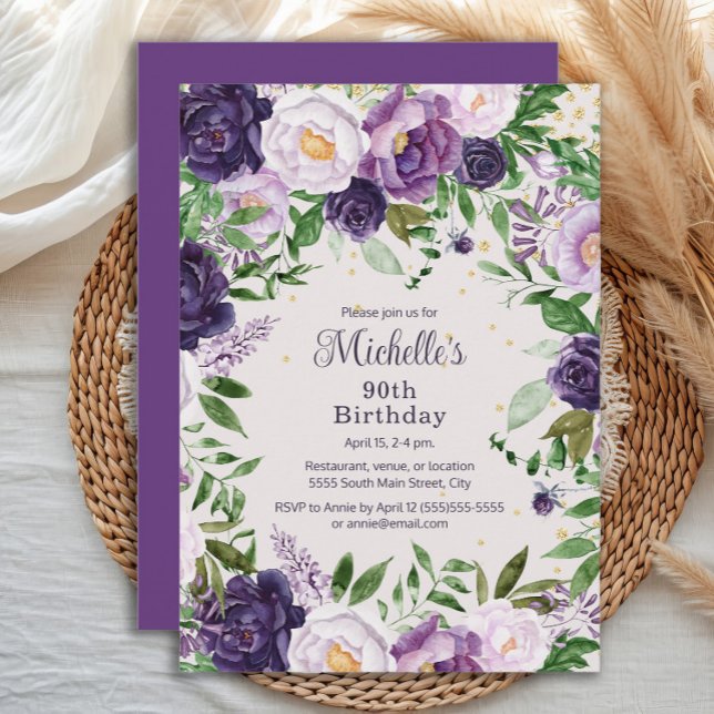 Elegant lila lavendelblomma 90-årsdag inbjudningar (Elegant purple and lavender watercolor floral 90th birthday party invitation)