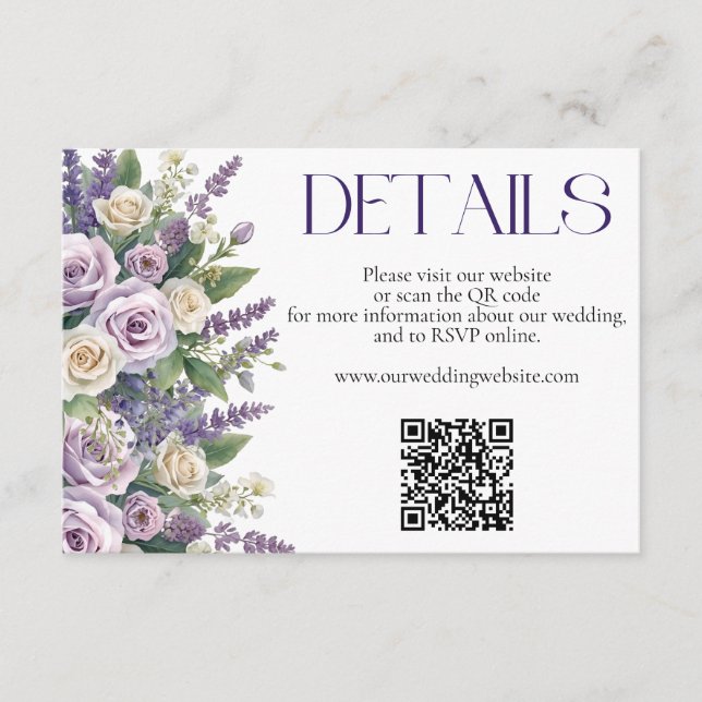Elegant lila lavendelrosor bröllopswebbplats QR Tilläggskort (Framsida)