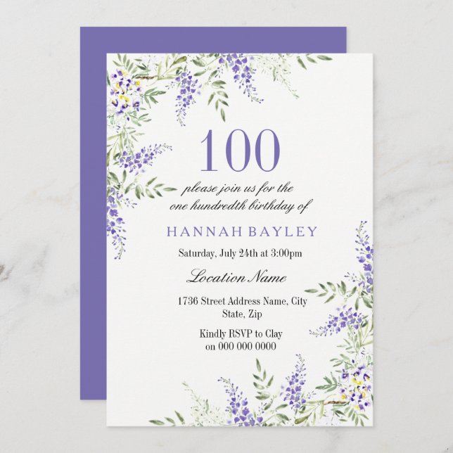 Elegant Lila Lavender 100 födelsedag Inbjudan (Fram/baksida)