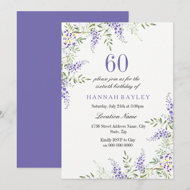 Elegant Lila Lavender 60:e födelsedag Inbjudan (Fram/baksida)