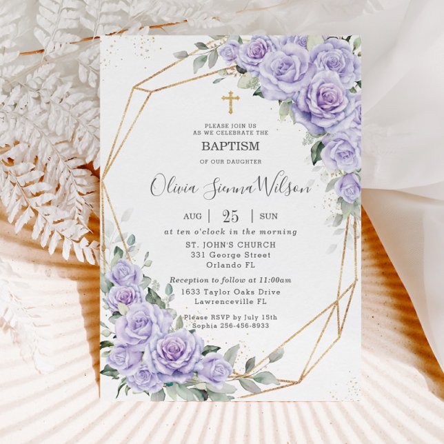 Elegant Lila Lavender Blommigt Baptism Christening Inbjudningar (Skapare uppladdad)