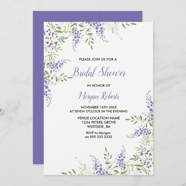 Elegant Lila Lavender Blommigt Möhippa Inbjudningar (Fram/baksida)