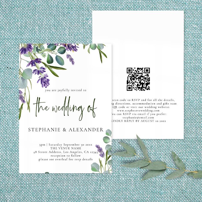 Elegant Lila Lavender Blommigt QR-kod Bröllop Inbjudningar (Skapare uppladdad)