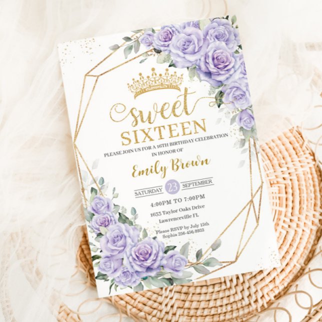 Elegant Lila Lavender Blommigt Sweet sixteen 16:e Inbjudningar (Skapare uppladdad)