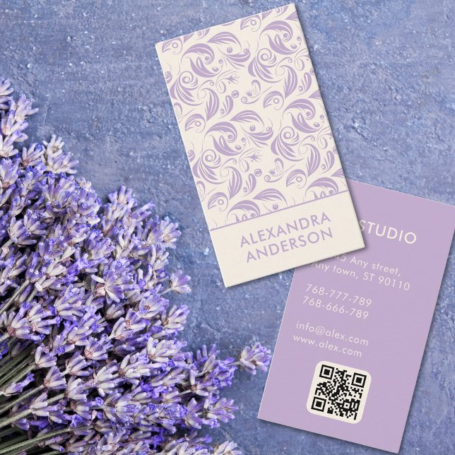 Elegant Lila Lavender Blommönster QR-kod Visitkort (Elegant Purple Lavender Floral Pattern QR Code Business Card)