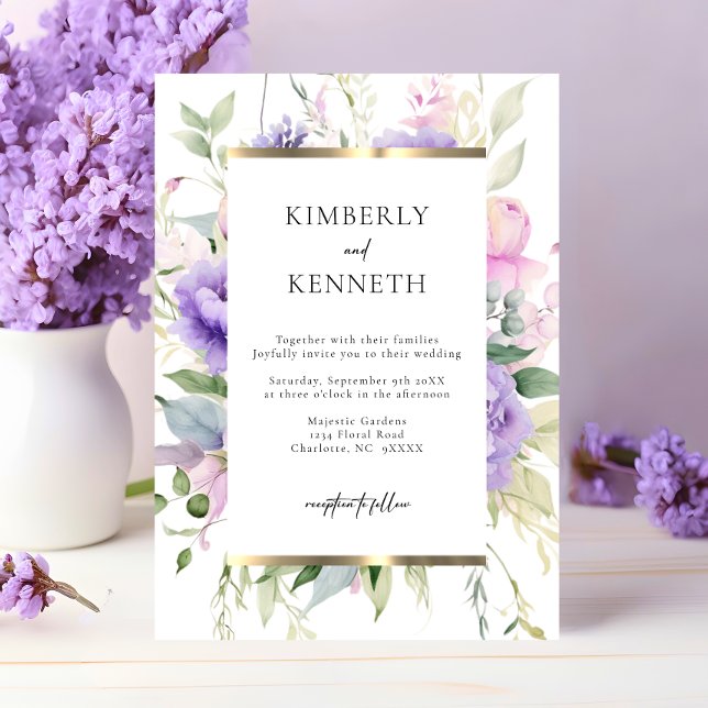 Elegant Lila Lavender Rosa Blommigt Bröllop Inbjudningar (Elegant Purple Lavender Pink Floral Wedding Invitation)
