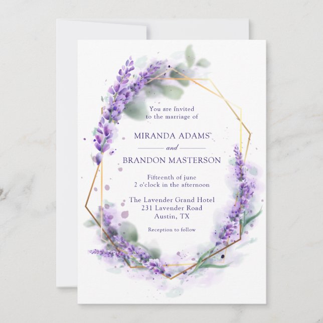 Elegant Lila Lavender Watercolor Blommigt Bröllop Inbjudningar (Framsida)