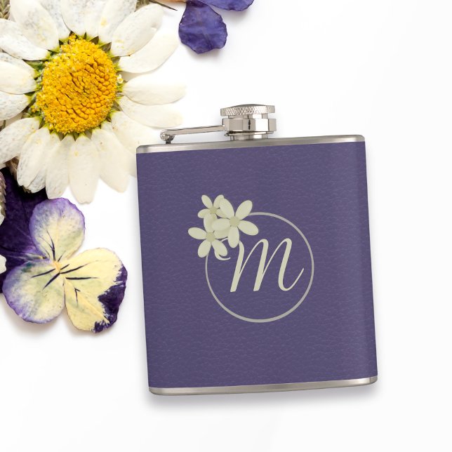 Elegant Lila Leather Daisy Monogram Fickplunta (A pretty purple hip flask with space for your initial. Makes a great gift for your mom!)