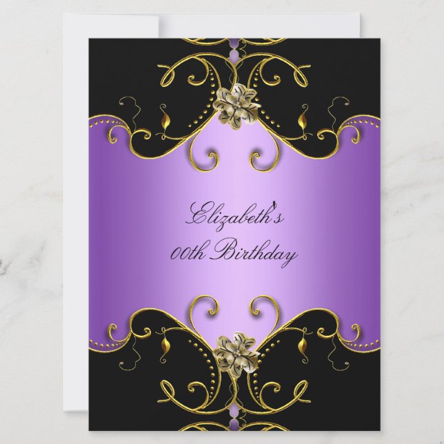 Elegant Lila Lilac Black Guld Blommigt Birthday Inbjudningar (Framsida)