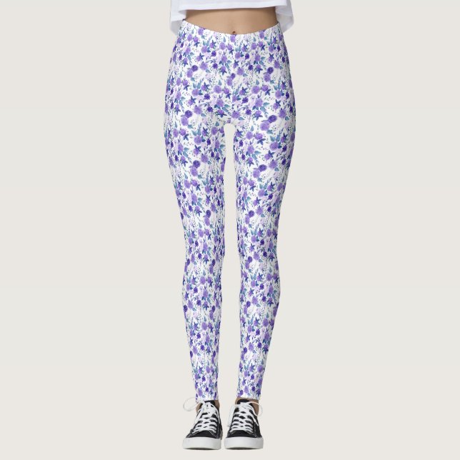Elegant Lila Lilac Blommigt på vit  Leggings (Framsida)
