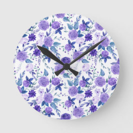 Elegant Lila Lilac Blommigt på vit  Rund Klocka