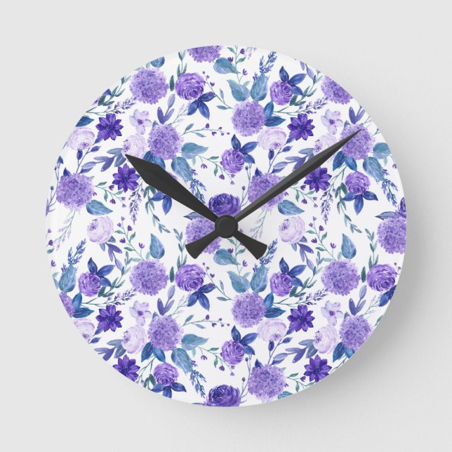Elegant Lila Lilac Blommigt på vit  Rund Klocka (Framsida)