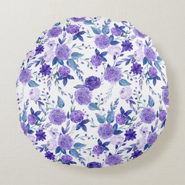Elegant Lila Lilac Blommigt på vit  Rund Kudde (Framsidan)