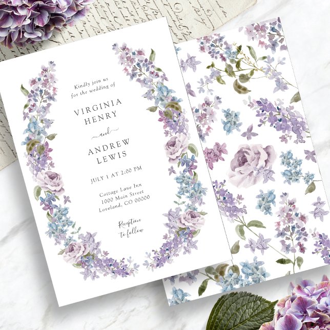 Elegant Lila Lilac Bröllop Inbjudningar (Elegant Purple Lilac Flowers Wedding Invitation by Painted Paperie)