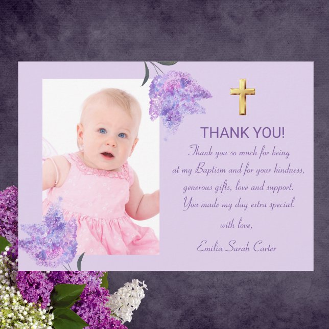 Elegant Lila Lilac Guld Kor Girl Baptism Tack Kort (Skapare uppladdad)