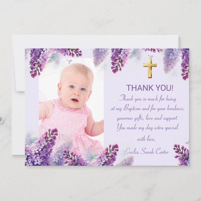 Elegant Lila Lilac Guld Kor Girl Baptism Tack Kort (Framsida)