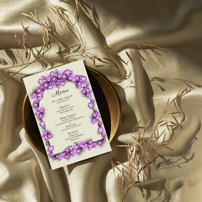 Elegant Lila Lilac LinenArch Blommigt Bröllop Menu (Skapare uppladdad)