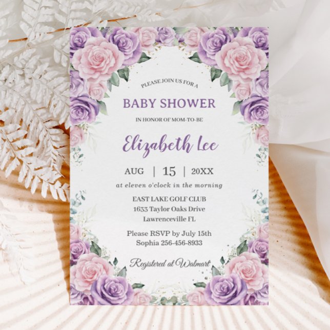 Elegant Lila Lilac Rosa Blommigt Baby Shower Inbjudningar (Skapare uppladdad)