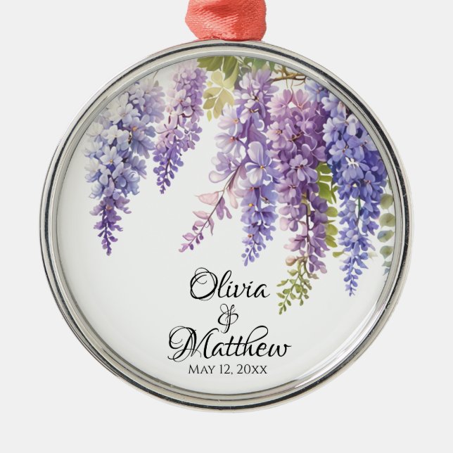 Elegant lila magenta vattenfärgswisteria blommigt julgransprydnad metall (Framsidan)