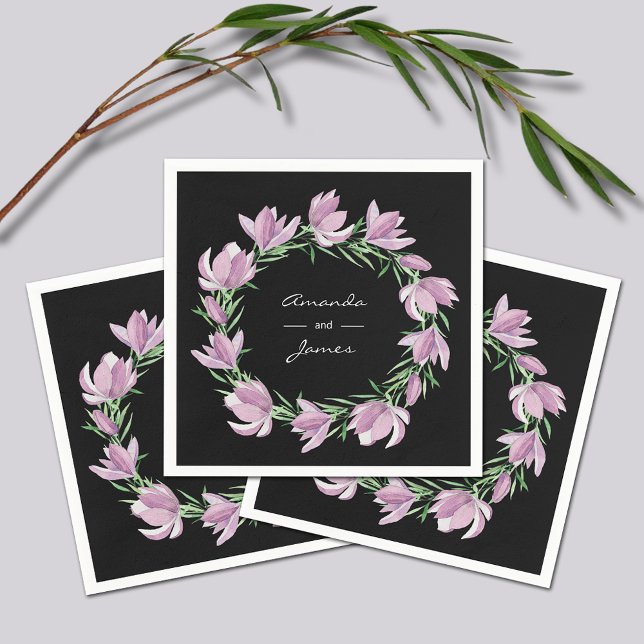 Elegant Lila Magnolia Blommigt Vattenfärg Pappersservett (Elegant Purple Magnolia Floral Watercolor Napkins)