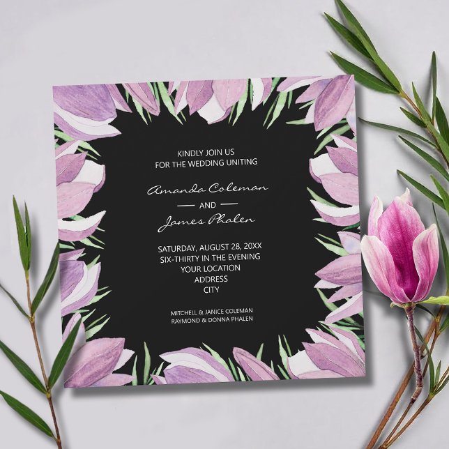 Elegant Lila Magnolias Bröllop Inbjudningar (Elegant purple and white magnolias square wedding invitations - INSTANT DOWNLOAD and/or PRINTED)