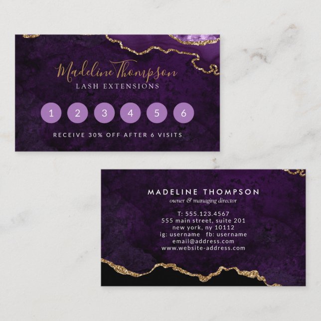 Elegant Lila Marble Agate Geode Lojalitetskort (Fram/baksida)