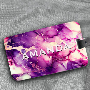 Elegant lila marble faux glitter monogram bagagebricka