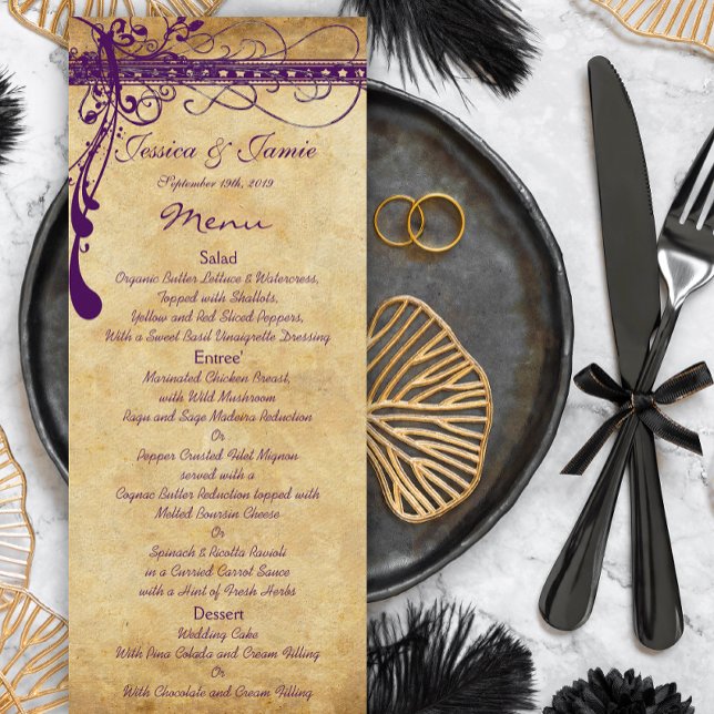 Elegant Lila Medieval Renaissance Bröllop Menu Meny (Skapare uppladdad)