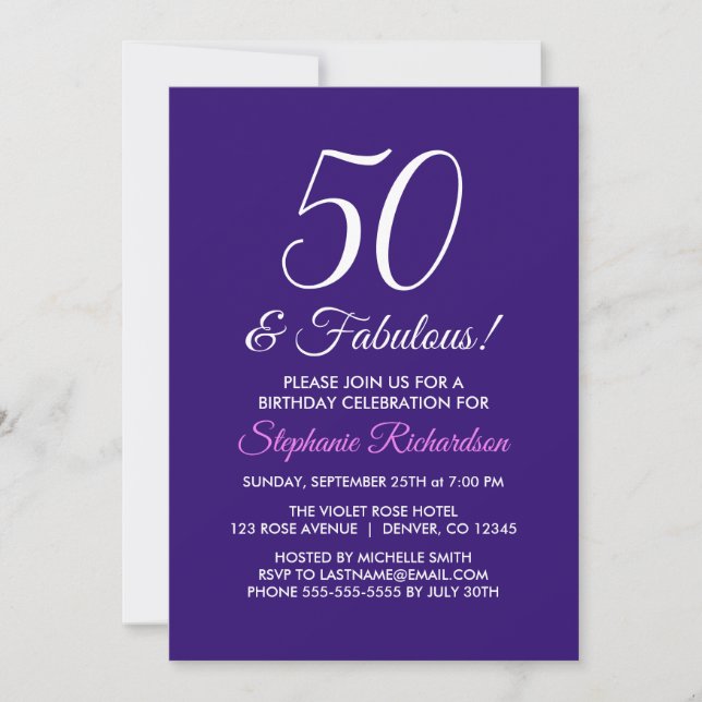 Elegant Lila Minimalist 50 och Fabulous Birthday Inbjudningar (Framsida)