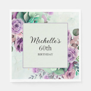 Elegant lila mintgrön blomstermotiv 60-årsdag pappersservett