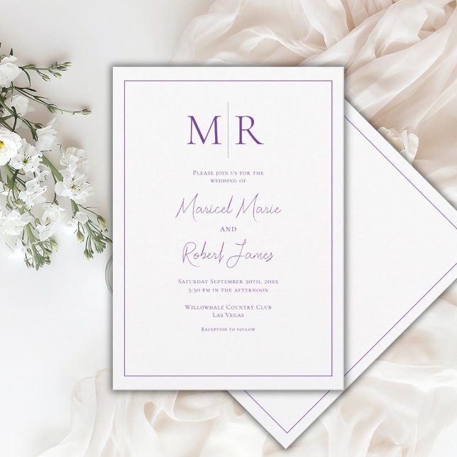 Elegant lila modern bröllopsmonogram inbjudningar (Skapare uppladdad)