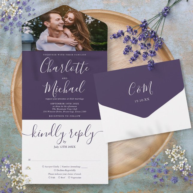 Elegant lila modernt skript foto bröllop (Elegant Purple Modern Script Photo Wedding All In One Invitation)