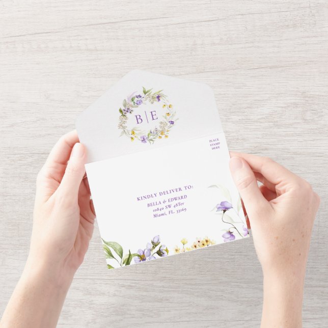 Elegant Lila Monogram Blommigt Bröllop QR-kod (Öppning)