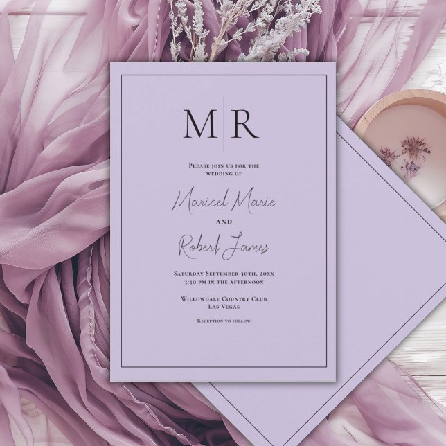 Elegant lila monogram modern bröllop inbjudningar (Skapare uppladdad)