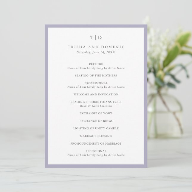 Elegant Lila Monogram Modern Bröllop Program (Stående Fram)