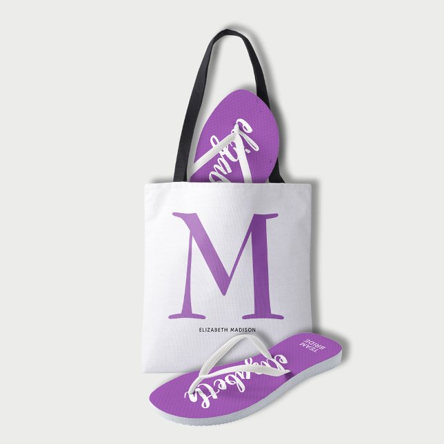 Elegant Lila Monogram Namn Tygkasse (Elegant purple monogram and name tote bag (flip flops sold separately in our store.))