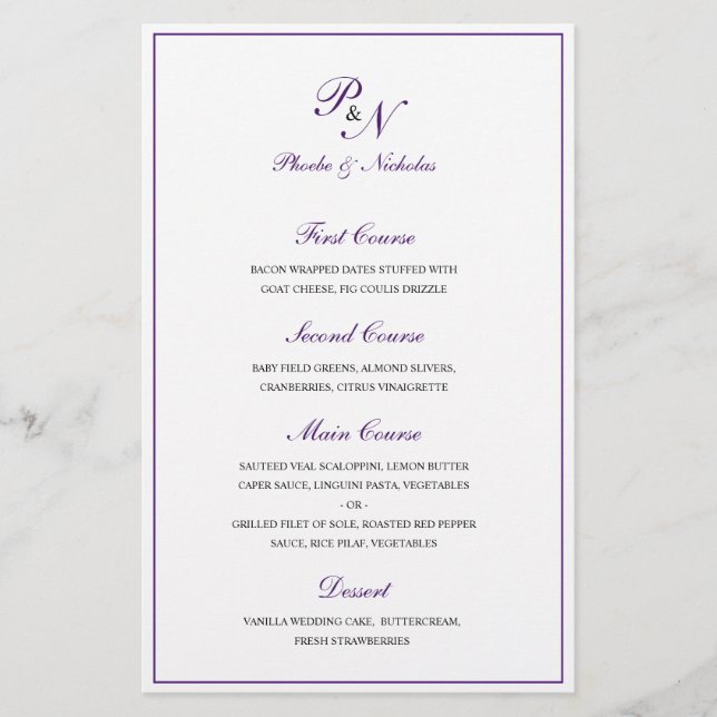 Elegant Lila Monogram Traditional Bröllop Menu (Framsida)