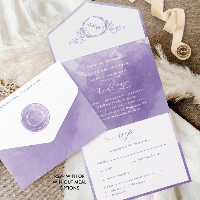 Elegant Lila Monogram Watercolor Bröllop (Skapare uppladdad)